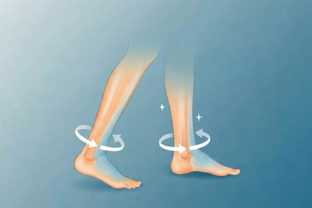 Illustration af to underben og fødder på en blå gradientbaggrund, der viser ankelbevægelse med pile, der angiver rotations- og bøjningsbevægelser.