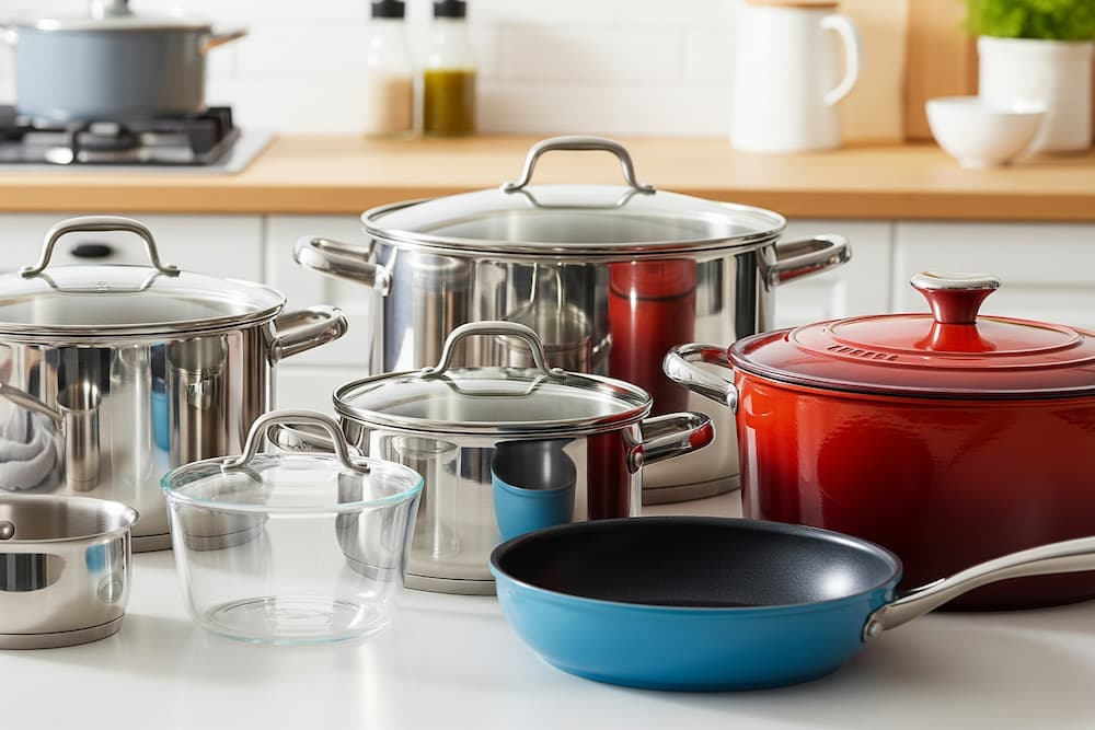 Et sæt køkkengrej på en hvid overflade, inklusive en blå hollandsk ovn med låg, en non-stick stegepande, en gryde i rustfrit stål med glaslåg og en non-stick sauterpande.