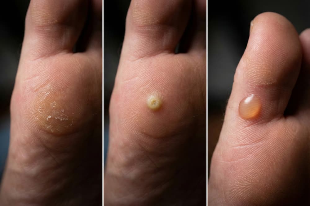 Et tredelt collage, der illustrerer forskellen på tre almindelige fodproblemer. Til venstre ses et område med diffus, fortykket og let skællende hård hud (callus), i midten vises en afgrænset ligtorn med en tydelig gullig kerne, og til højre ses en hævet, væskefyldt vabel på siden af foden.