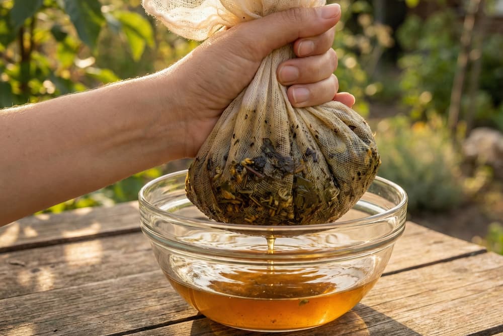 En si foret med ostelærred står over en glasskål og filtrerer urter fra den gyldne væske, mens sollys oplyser scenen på en træoverflade.