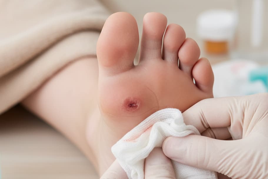 En person med handsker renser en vabel på en persons tå med et stykke gazebind, mens foden hviler på et blågrønt medicinsk lagen.