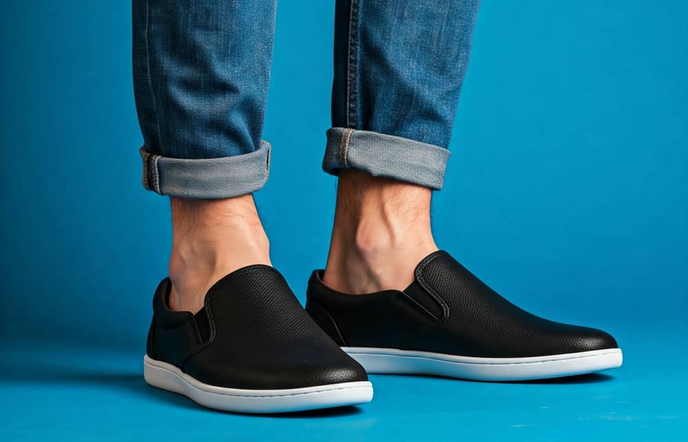 En person iført oprullede blå jeans og sorte slip-on sneakers med hvide såler, stående mod en klar blå baggrund.