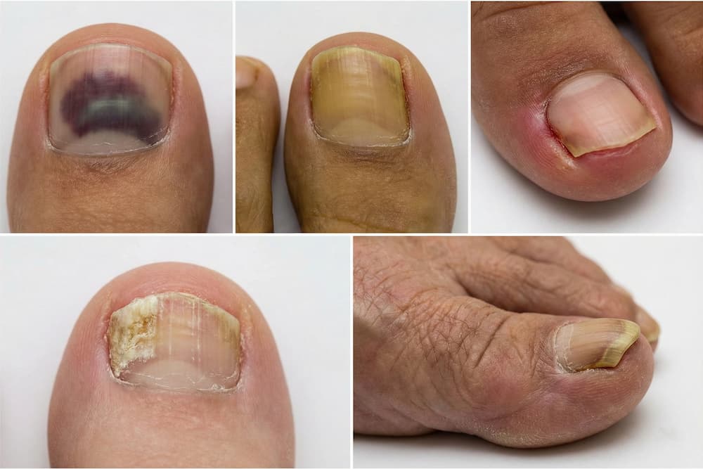 Et collage af fem billeder, der viser almindelige negleproblemer. Øverst ses fra venstre en negl med en mørk blodansamling, en gulligt misfarvet negl og en rød, hævet tå med en indgroet negl. Nederst vises en negl med hvid, smuldrende svamp og en ekstremt fortykket, krum negl set fra siden.