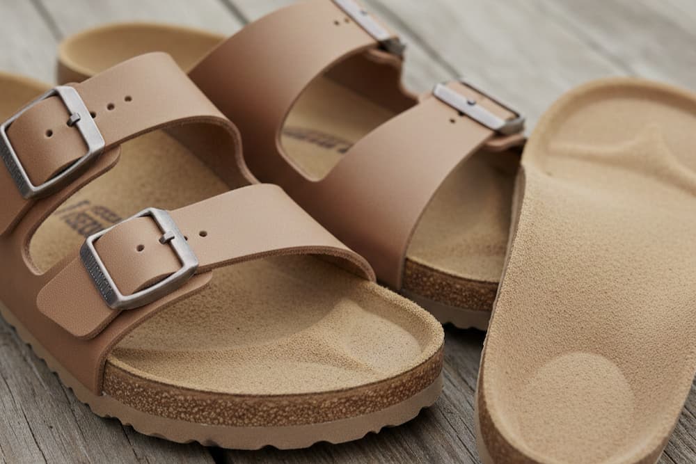 En enkelt brun Birkenstock-sandal med to remme ligger ved siden af en sort Birkenstock-fodseng på en trælameloverflade, der begge kaster skygger i stærkt sollys.