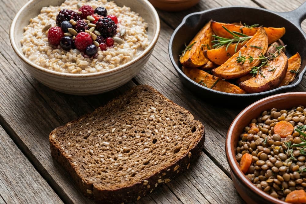 Et nærbillede af varierede kilder til komplekse kulhydrater anrettet på et mørkt træbord. Opstillingen inkluderer en skål havregrød med bær og kerner, en skive groft fuldkornsbrød, bagte søde kartofler med krydderurter og en skål linser, hvilket fremhæver en kost rig på fibre og næring.
