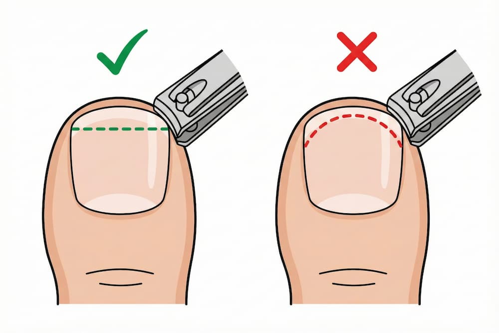 En instruktiv illustration, der sammenligner korrekt og forkert teknik til negleklipning. Til venstre markerer et grønt flueben, at neglen skal klippes lige over, mens et rødt kryds til højre advarer mod at klippe neglen i en bue ned langs siderne, hvilket kan forårsage indgroede negle.