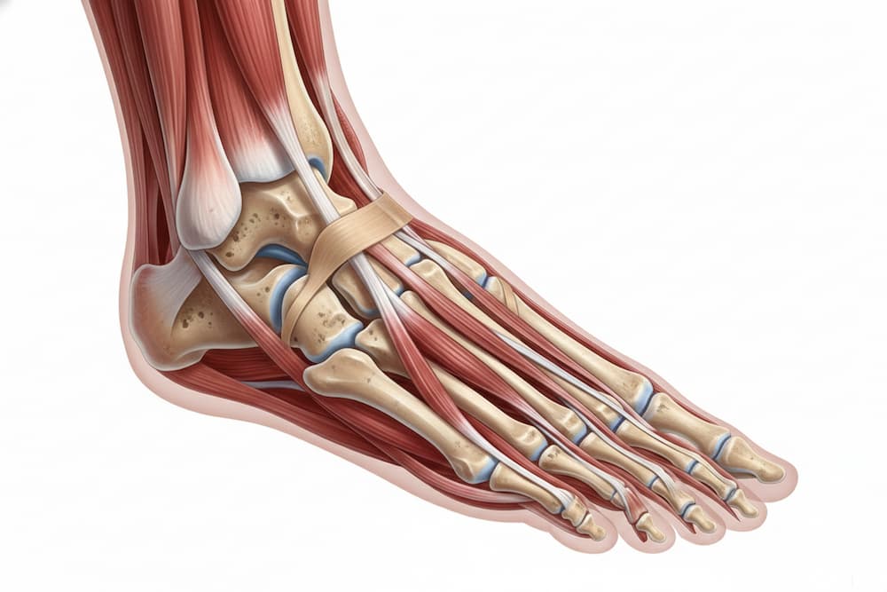 En realistisk anatomisk illustration af foden og anklen på en hvid baggrund. Billedet viser det dybe lag af muskulatur og skelet, hvor røde muskelfibre og hvide sener tydeligt løber hen over vristen og forbinder sig med tæerne, hvilket demonstrerer fodens komplekse mekaniske opbygning.