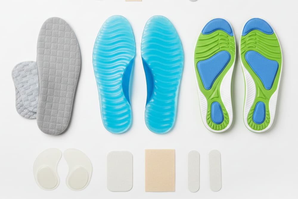 En række farverige skoindlægssåler er arrangeret i et cirkulært mønster på en hvid baggrund, hvor midten af cirklen er tom.