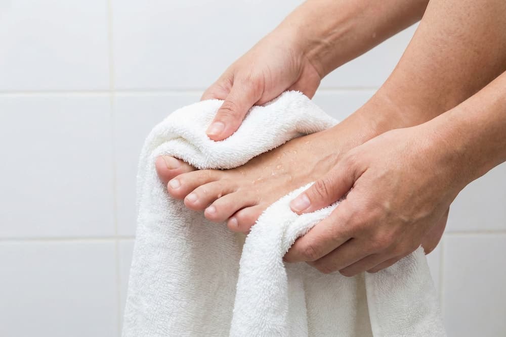 Et nærbillede af hænder, der tørrer en våd fod med et blødt, hvidt håndklæde foran en baggrund af hvide fliser. Vanddråber ses tydeligt på huden, mens håndklædet bruges omhyggeligt omkring tæerne, hvilket illustrerer vigtigheden af grundig aftørring efter vask for at opretholde en god fodhygiejne.