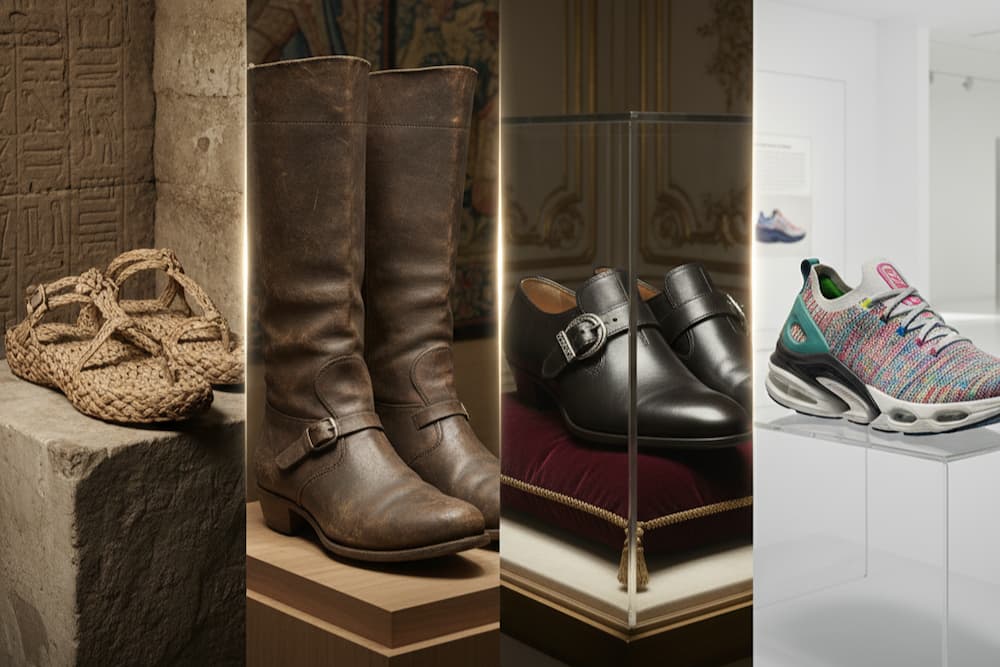 Adskillige typer historisk fodtøj, herunder sandaler, høje støvler og sneakers, er udstillet på en elegant, mørk piedestal under spotlights i et museumsmiljø.