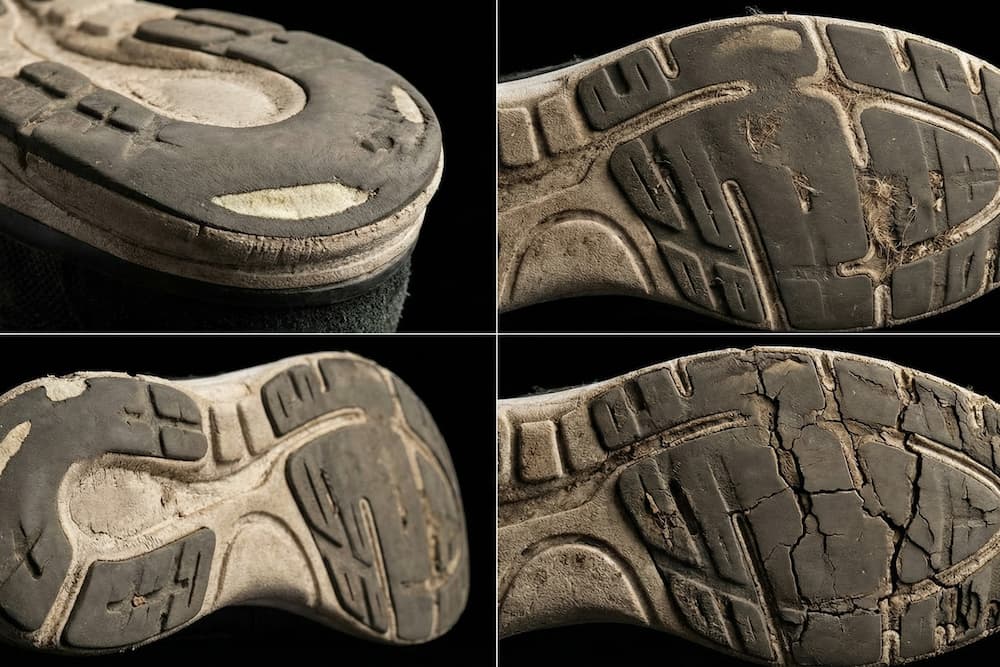 Et gitter med fire billeder, der viser slidte såler på forskellige sko mod en mørk baggrund, hver med tydelige slidbanemønstre og synlige tegn på brug og slid.