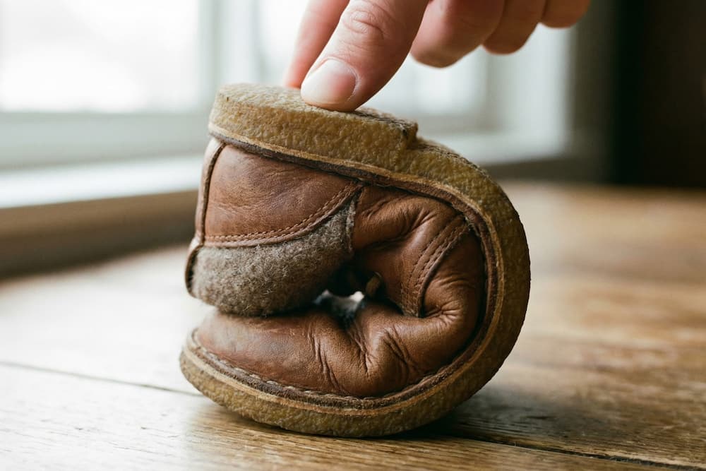 Et nærbillede af en hånd, der bøjer den fleksible sål på en farverig stribet sko med en vævet tekstur på undersiden, hvilket fremhæver skoens fleksibilitet og livlige design.