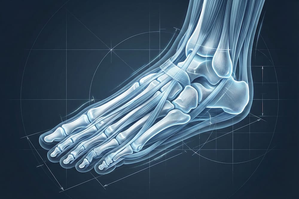 En avanceret medicinsk illustration af foden set i profil, der kombinerer skeletstrukturen med et semi-transparent yderlag, der indikerer muskler og sener. Knoglerne fremstår skinnende hvide mod en mørkeblå, gittermønstret baggrund med tekniske målinger og buede linjer, hvilket understreger fodens kompleksitet og præcise konstruktion.