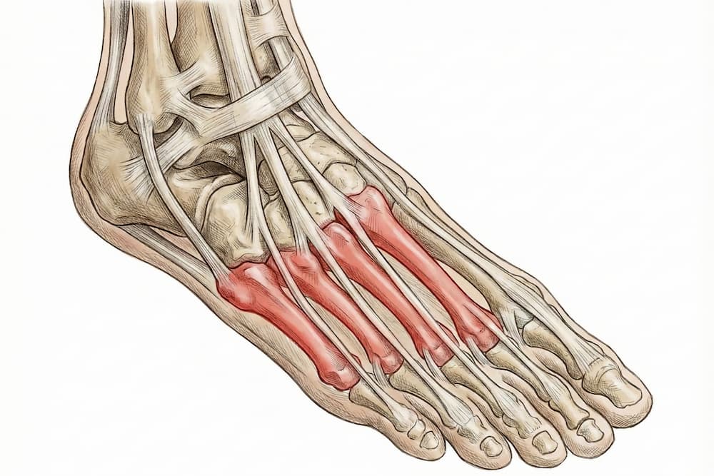 En anatomisk illustration af fodens skelet set skråt oppefra. De fem mellemfodsknogler (metatarserne), der forbinder anklen med tæerne, er fremhævet med en rød farve, mens resten af knoglerne og de overliggende sener vises i neutrale beige toner.