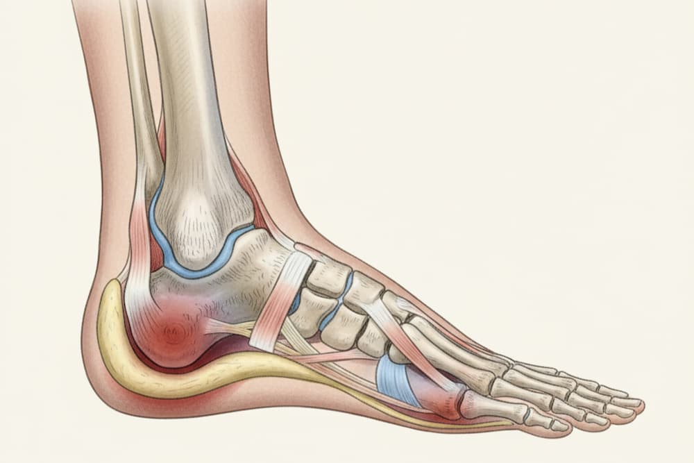 En anatomisk illustration af foden set i profil, der viser den indre knoglestruktur og det stødabsorberende væv. Hælens fedtpude og forfoden er fremhævet med røde zoner for at visualisere de primære punkter for vægtbæring og trykfordeling under gang.