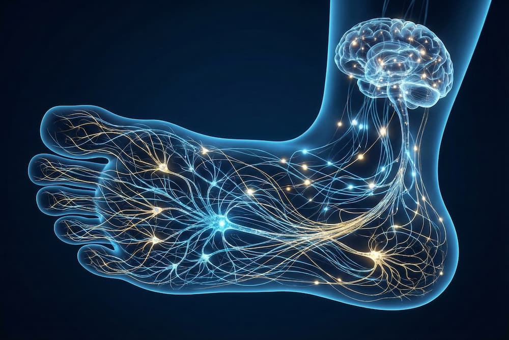 En futuristisk illustration, der visualiserer fodens direkte nerveforbindelse til hjernen. Et komplekst netværk af lysende, gyldne nervetråde gennemstrømmer den gennemsigtige, blå fod og sender signaler op til en glødende hjerne, hvilket symboliserer det tætte samarbejde mellem føddernes sansning og centralnervesystemet.