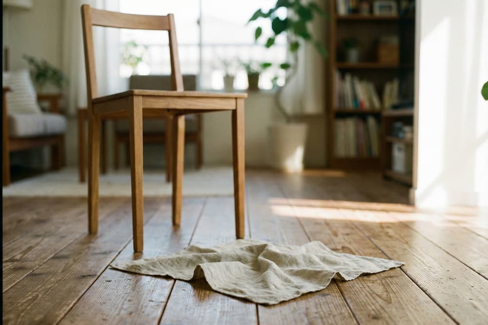 Et hvidt håndklæde ligger krøllet sammen på et trægulv under benene på en mørk træstol, med lys strømmer ind fra siden.