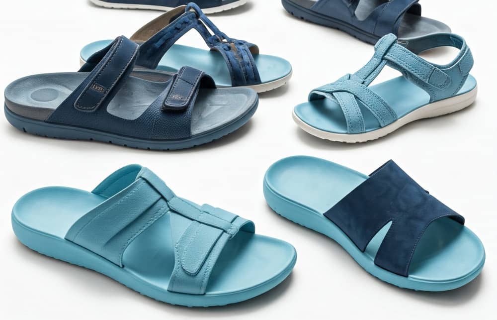 Flere par herresandaler i forskellige blå nuancer er arrangeret på en hvid overflade og har forskellige stilarter såsom sandaler, velcrostropper og åbne tådesigns.