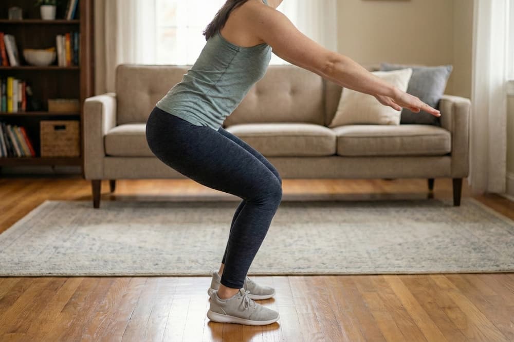 En kvinde i grøn top og mørke leggings, der står i en halv squat-position på et trægulv. I modsætning til forrige trin er begge fødder nu plantet fladt mod underlaget med vægten tilbage på hælene, mens armene stadig holdes vandret fremme for balance foran en beige sofa.