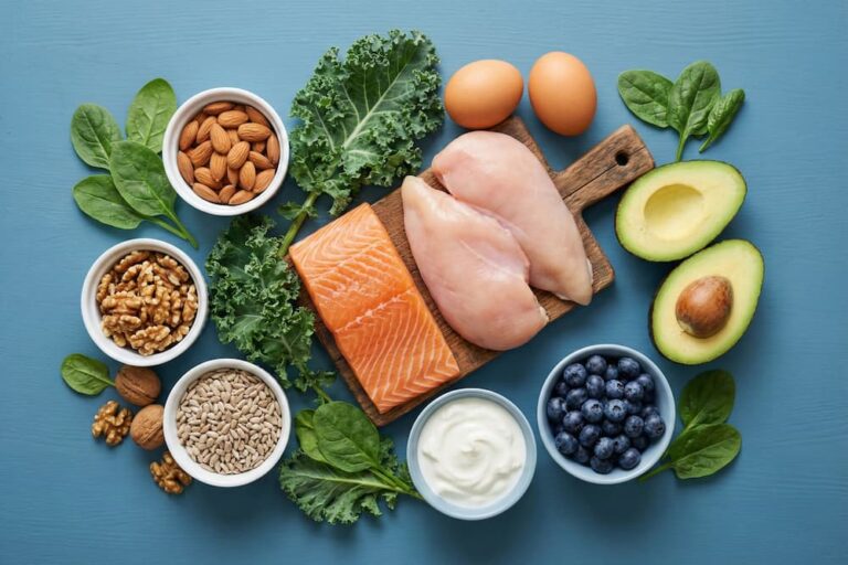 Et farverigt 'flat lay' billede på en blå baggrund, der præsenterer en række næringsrige fødevarer. Opstillingen inkluderer proteinkilder som rå laks, kylling og æg, sunde fedtstoffer fra avocado og nødder, samt vitaminrige elementer som spinat, grønkål og blåbær, hvilket illustrerer den essentielle kost for sunde fødder og negle.