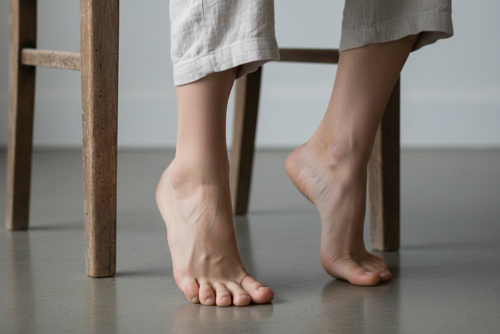 Et nærbillede af to bare fødder på et glat, gråt gulv, der udfører en hæl-til-tå øvelse. Personen, iført lyse linnedbukser, sidder på en træstol og løfter hælene højt, mens tæerne presses mod underlaget.