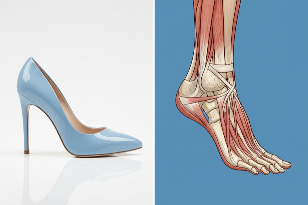 Et side om side-billede, der viser en lyseblå højhælet sko til venstre og en anatomisk illustration af en menneskefod og ankelknogler og sener til højre.