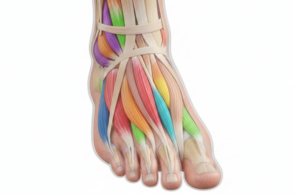 En detaljeret anatomisk illustration af foden set ovenfra, hvor de intrinsiske muskler er farvekodet i nuancer af rød, blå, grøn og gul for at adskille dem. Billedet viser tydeligt muskelstrukturen og senerne, der løber under de hvide ledbånd og ud mod tæerne, på en hvid baggrund.