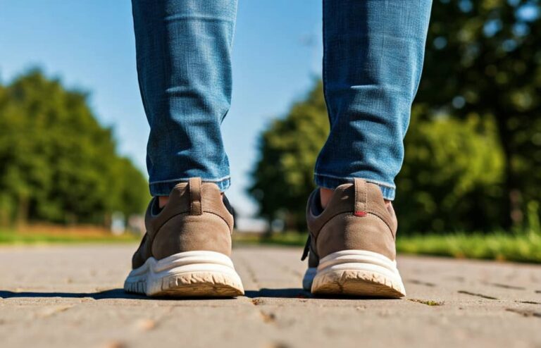 En person iført blå jeans og beige sneakers går på en asfalteret sti udenfor med grønne træer og en blå himmel i baggrunden. Billedet er taget bagfra i jordhøjde.