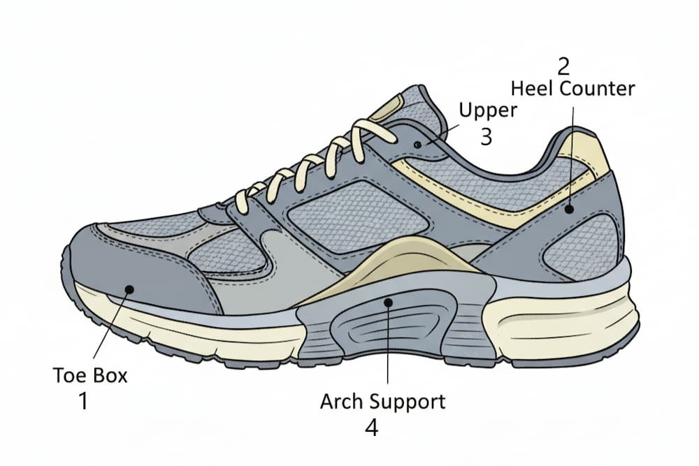 En hvid sportssko med brune og blå accenter, detaljeret med mærkede punkter, der angiver funktioner som snørehuller, syninger, perforeringer og såldesign, vist på en almindelig hvid baggrund.