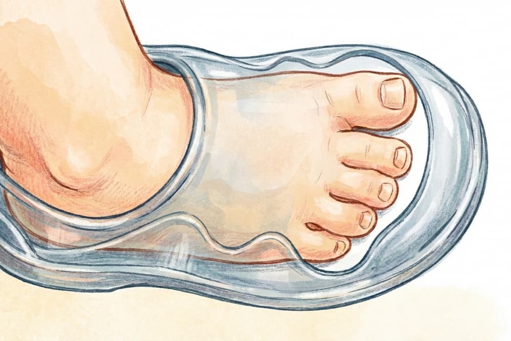 Et nærbillede af en persons fod med en lyserød sandal på et trægulv. Sandalen dækker det meste af foden og efterlader tæerne blotlagte. En svag lineal er delvist synlig langs siden.