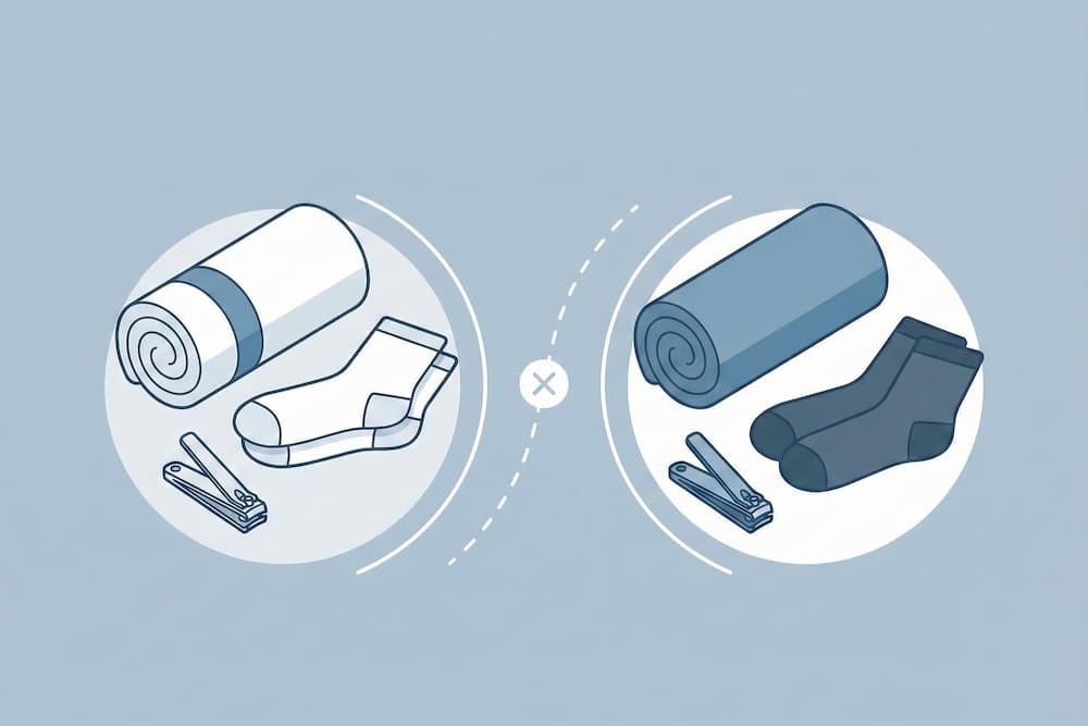 En infografik med to separate cirkler, der illustrerer vigtigheden af ikke at dele personlige ejendele. Den venstre cirkel indeholder et hvidt håndklæde, hvide sokker og en negleklipper, mens den højre cirkel indeholder tilsvarende mørkeblå genstande. En stiplet linje med et kryds ('X') imellem dem indikerer, at disse genstande ikke bør deles mellem personer for at forhindre spredning af neglesvamp.