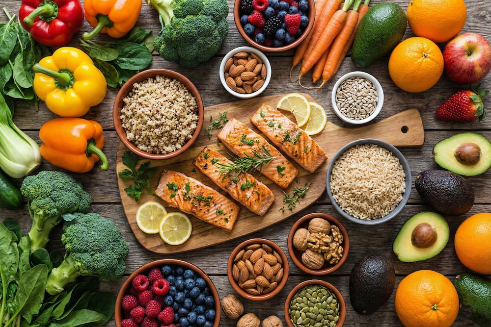 Et bugnende og farverigt 'flat lay' billede på et rustikt træbord, fyldt med næringsrige fødevarer. Centralt ses grillet laks på et skærebræt, omgivet af skåle med quinoa, brune ris, nødder og frø, samt et væld af friske grøntsager som broccoli, peberfrugt og spinat, og frugter som bær og avocado, der tilsammen udgør en sund kost for fødderne.