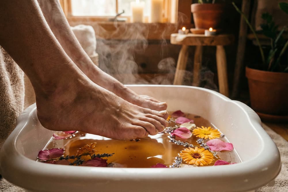 Nærbillede af fødder i blød i vand fyldt med farverige blomsterblade, inklusive en gul solsikke, med tændte stearinlys, der lyser blødt i den slørede baggrund og skaber en afslappende spa-atmosfære.