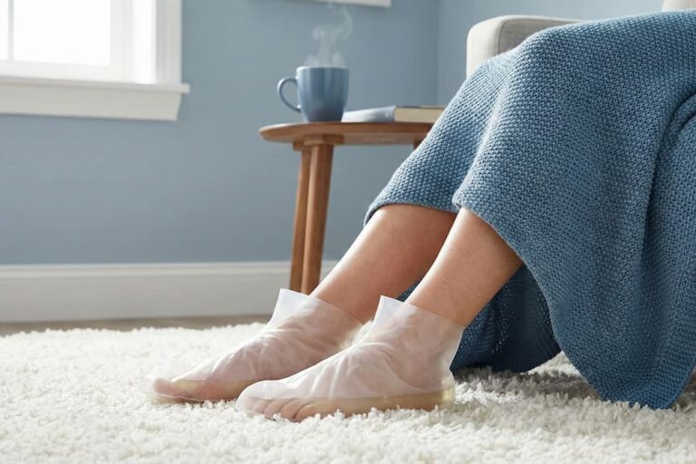 Et nærbillede af fødder iført gennemsigtige, eksfolierende plastiksokker, der hviler på et blødt, hvidt gulvtæppe. Personen sidder afslappet med et blåt strikket tæppe over benene, mens et dampende krus på et sidebord i baggrunden understreger hyggen ved en hjemmebehandling.