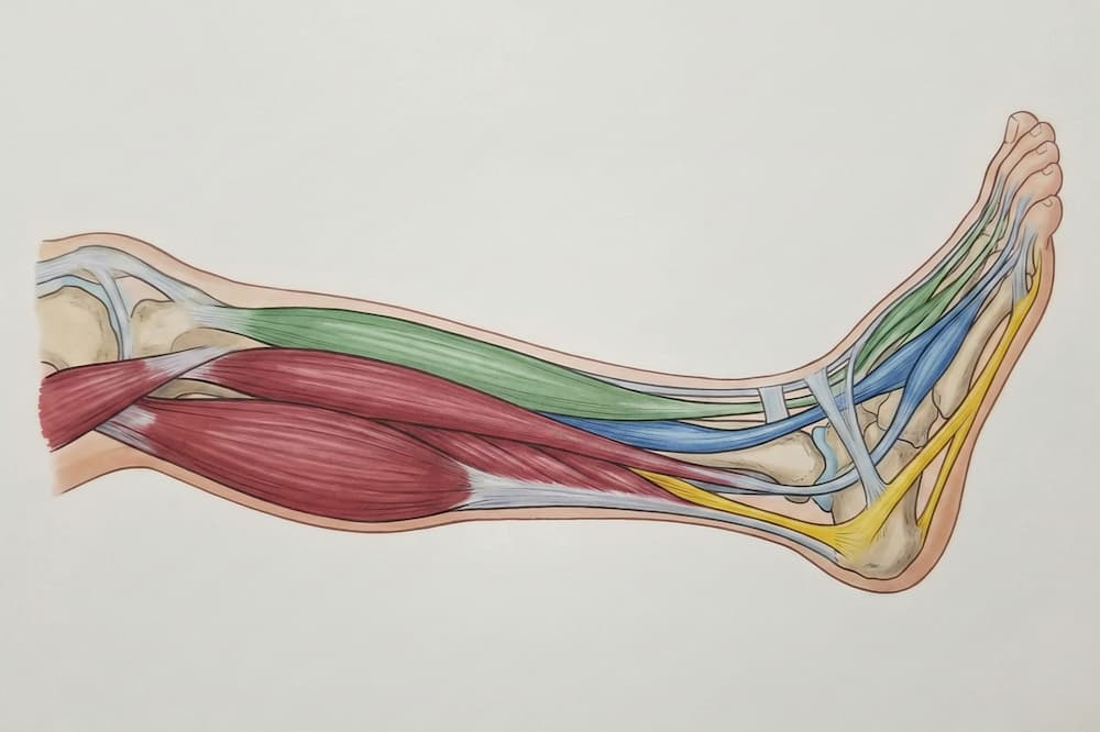 En anatomisk illustration af et underben og en fod set fra siden, der viser de muskler og sener, der aktiveres ved vip med foden. Lægmusklerne er fremhævet i rødt og skinnebensmusklen i grønt, mens senerne og plantar fascia under foden er markeret med gule og blå farver for at vise vævets forløb omkring hælen og svangen.