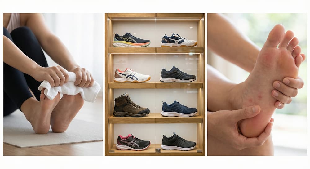 En collage, der viser fodplejetrin: en person, der træner fødder med et håndklæde, tre par sportssko, fødder pakket ind i et håndklæde, og en person, der masserer en anden persons fod.