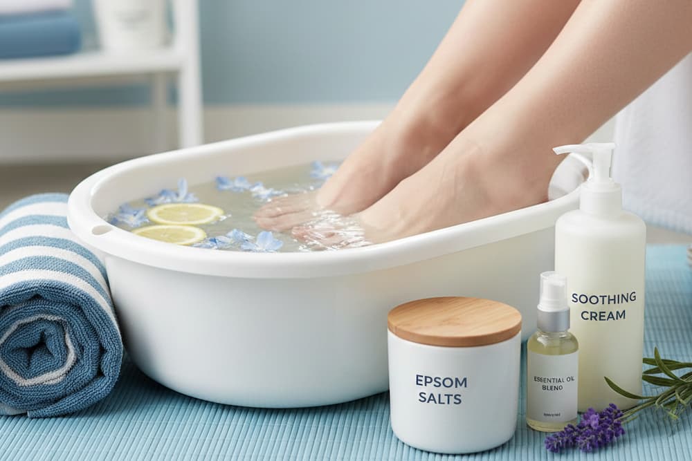 En person lægger sine fødder i blød i en hvid balje fyldt med vand, omgivet af hudplejeflasker, et håndklæde og et stykke sæbe på et trægulv, hvilket antyder en fodspa-behandling derhjemme.