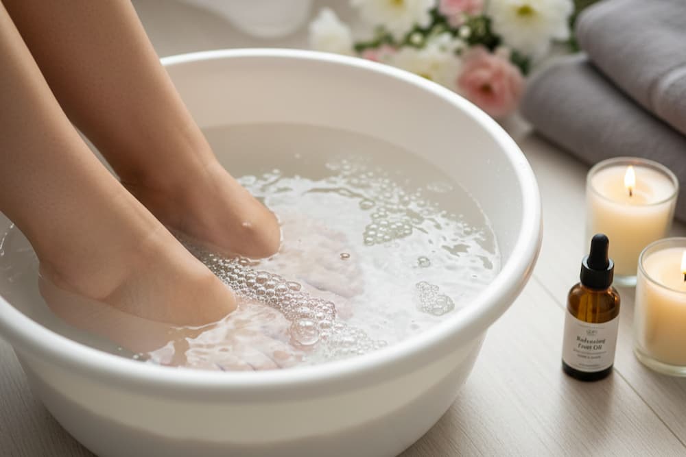 En glasflaske fyldt med urteolie og gule blomsterblade står ved siden af en fod dyppet i vand, med solsikker og et tændt stearinlys blødt sløret i baggrunden.