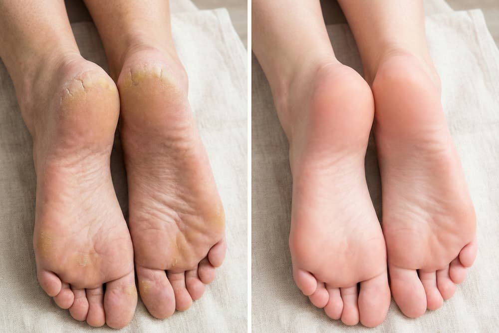 Et før-og-efter billede, der viser resultatet af behandling med eksfolierende sokker. Billedet til venstre viser fødder med tørre, sprukne hæle og gullig hård hud, mens billedet til højre viser de samme fødder med glat, blød og lyserød hud uden synlige revner.