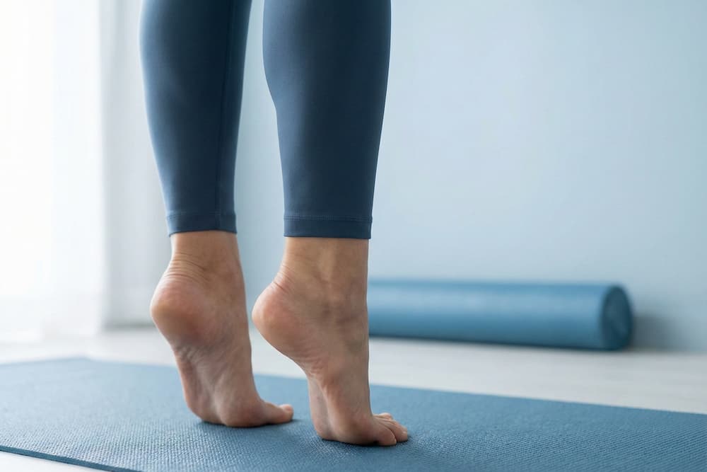 Et nærbillede af underben og fødder i blå leggings på en blå måtte, der udfører en 'gyngeheste'-øvelse. Hælene er løftet højt fra underlaget, så vægten hviler på tæerne, mens en foam roller ligger i den lyse baggrund.