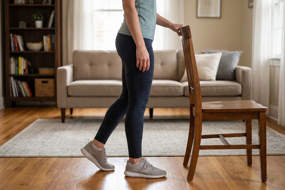En person i mørke leggings og grå sko, der står oprejst med en hånd på ryggen af en træstol for balance. Det ene ben er placeret let bagud med hælen løftet, hvilket illustrerer startpositionen til 'gyngeheste'-øvelsen i en hyggelig stue.