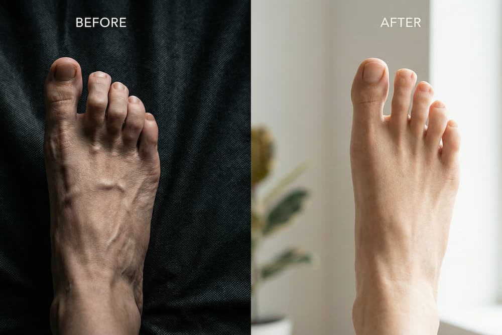 Side om side-sammenligning af to fødder; venstre fod viser overlappende eller skæve tæer, mens højre fod viser lige, korrekt justerede tæer. Begge er vist mod en mørk baggrund.