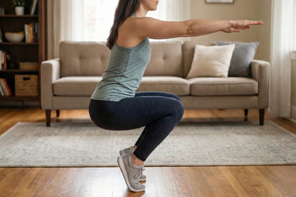 En kvinde i grøn top og mørke leggings, der udfører en dyb squat mens hun balancerer på tæerne på et trægulv. Hælene er løftet højt, og armene er strakt vandret frem foran kroppen for at holde balancen, med en beige sofa i baggrunden.