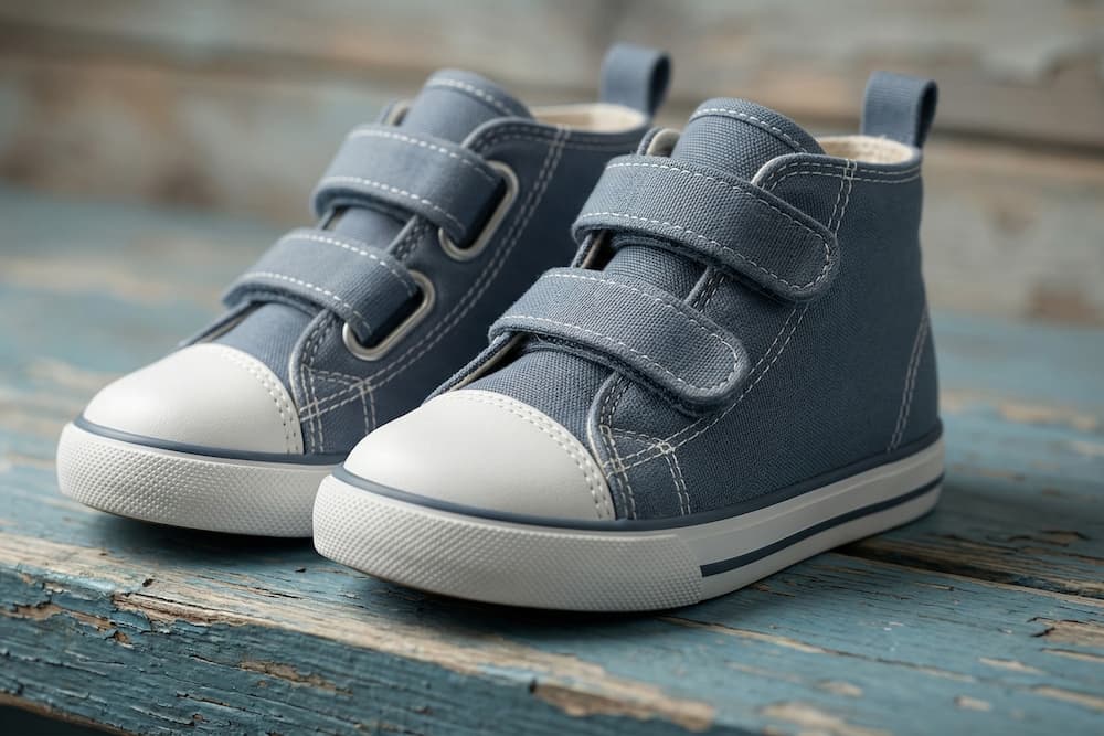 Et par små blå og hvide babysneakers med hvide snørebånd og velcrostropper, placeret på en træoverflade med en blød, neutral baggrund.