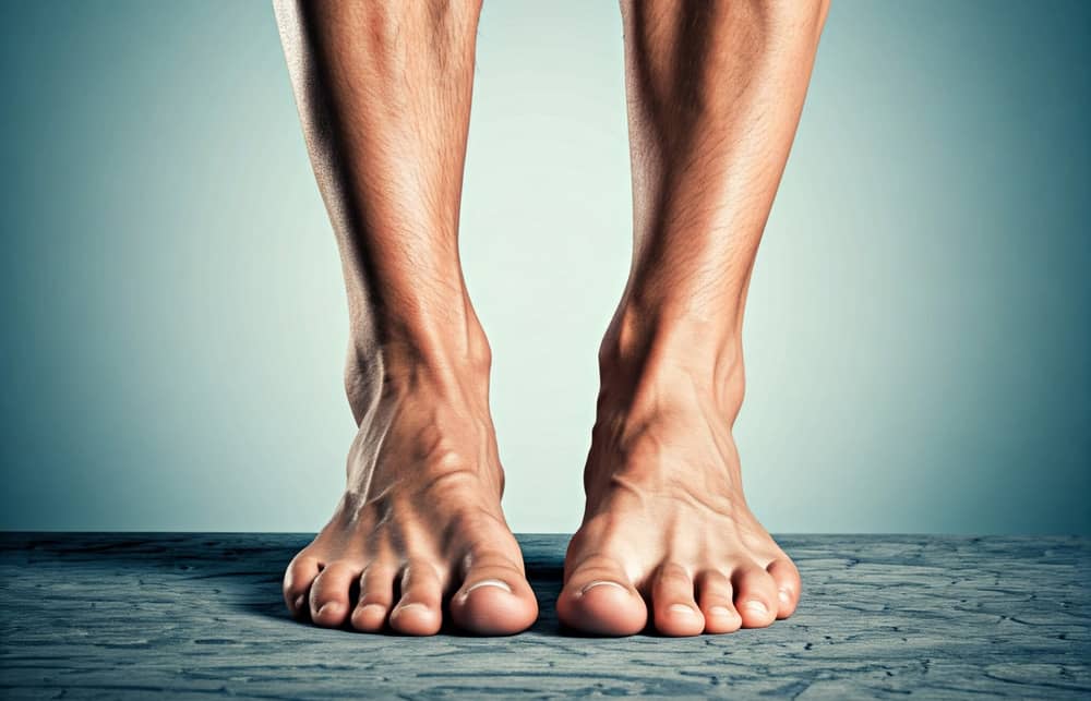 Et nærbillede af en persons bare fødder, der står på tæer på en struktureret overflade med en lyseblå baggrund.