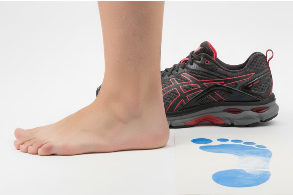 En blå sportssko står på en lys overflade med en bar menneskefod placeret oprejst bagved, hvorved sålen og tæerne ses. Baggrunden er ensfarvet og neutral.