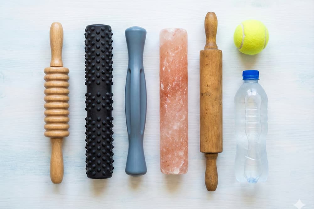 Forskellige genstande er arrangeret på en lys baggrund, herunder en kagerulle, en plastikvandflaske, en tennisbold og flere massageruller i forskellige teksturer og størrelser.