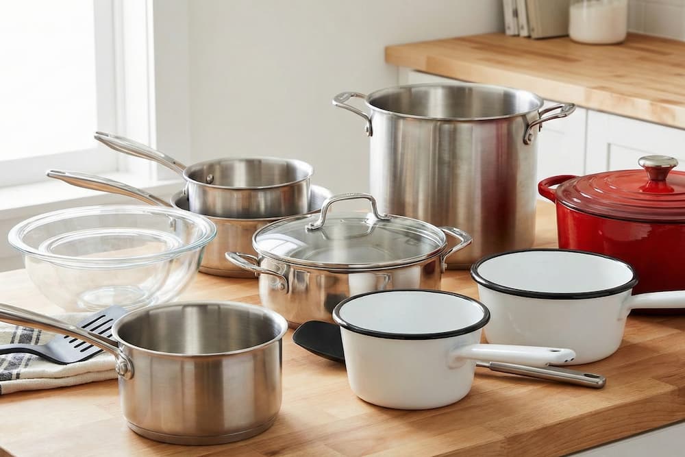 Et udvalg af gryder og pander i forskellige materialer og størrelser stående på et træbord. Samlingen omfatter gryder i rustfrit stål, hvide emaljekasseroller og varmebestandige glasskåle, hvilket er ideelt udstyr til at lave urteudtræk og vandbade (double boiler) til hjemmelavede salver og cremer.