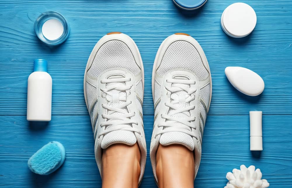 Et par fødder iført hvide sneakers på en blå træoverflade, omgivet af forskellige hudpleje- og hygiejneprodukter, herunder flasker, krukker, en pimpsten og en børste.