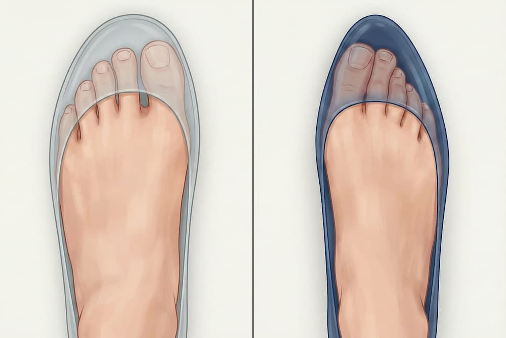 Et illustrativt splitbillede, der sammenligner effekten af skobredde på tæerne. Til venstre ses en fod i en sko med bred tåboks, hvor tæerne ligger naturligt og spredt, mens billedet til højre viser en fod i en smal, spids sko, hvor tæerne presses unaturligt sammen mod midten.